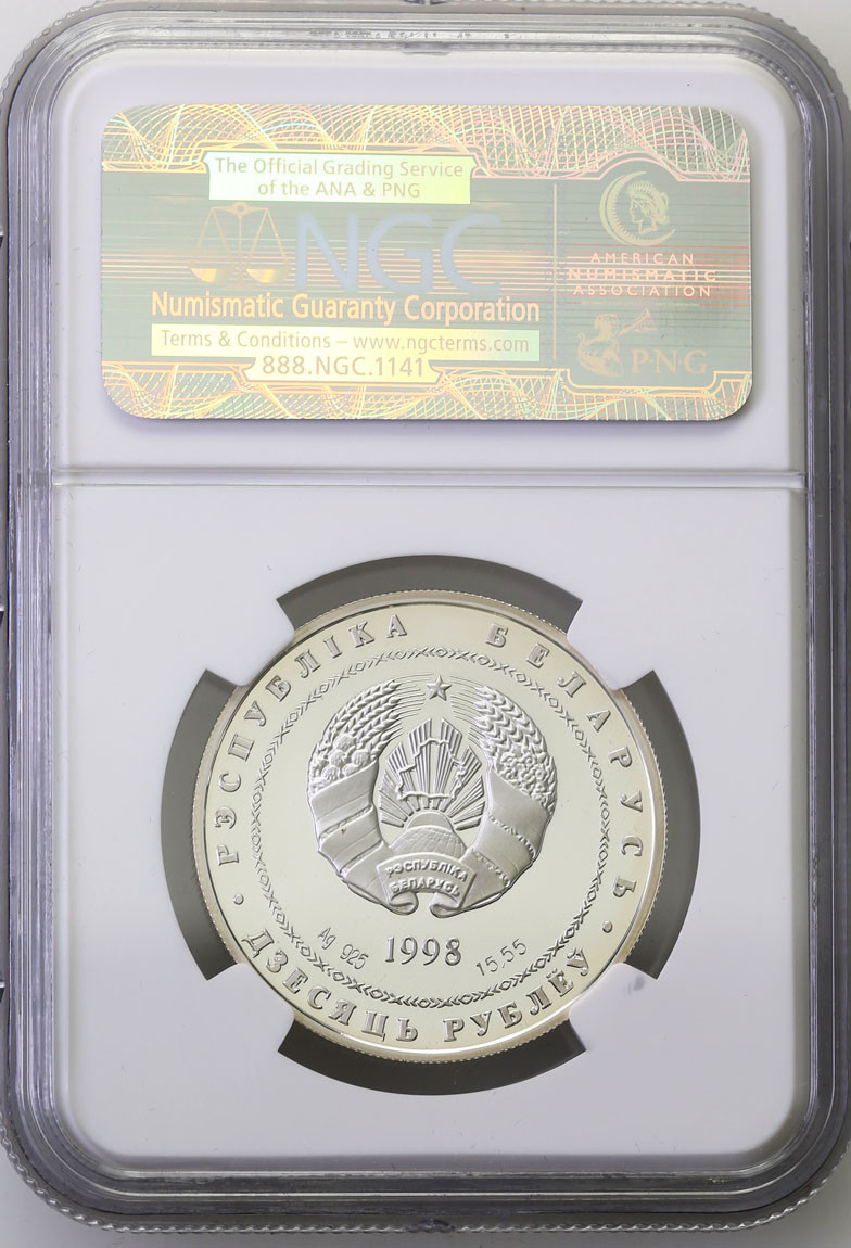 Białoruś. 10 rubli 1998 Adam Mickiewicz prawidłowy NGC PF69 ULTRA CAMEO (MAX)